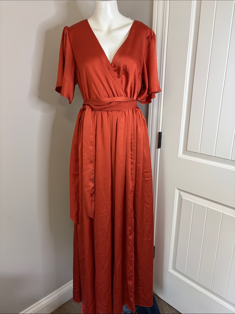 Baltic Born Sicily Satin Maxi Wrap Dress Rust Flutter Sleeve Tie wedding XL - Picture 4 of 14